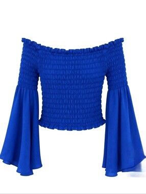 Y2k Royal Blue Bell Flare Sleeve Smocked Crop Top Stretch Boho Peasant Festival